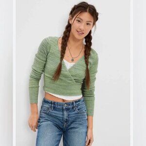 Green Ribbed Wrap Sweater - American Eagle
